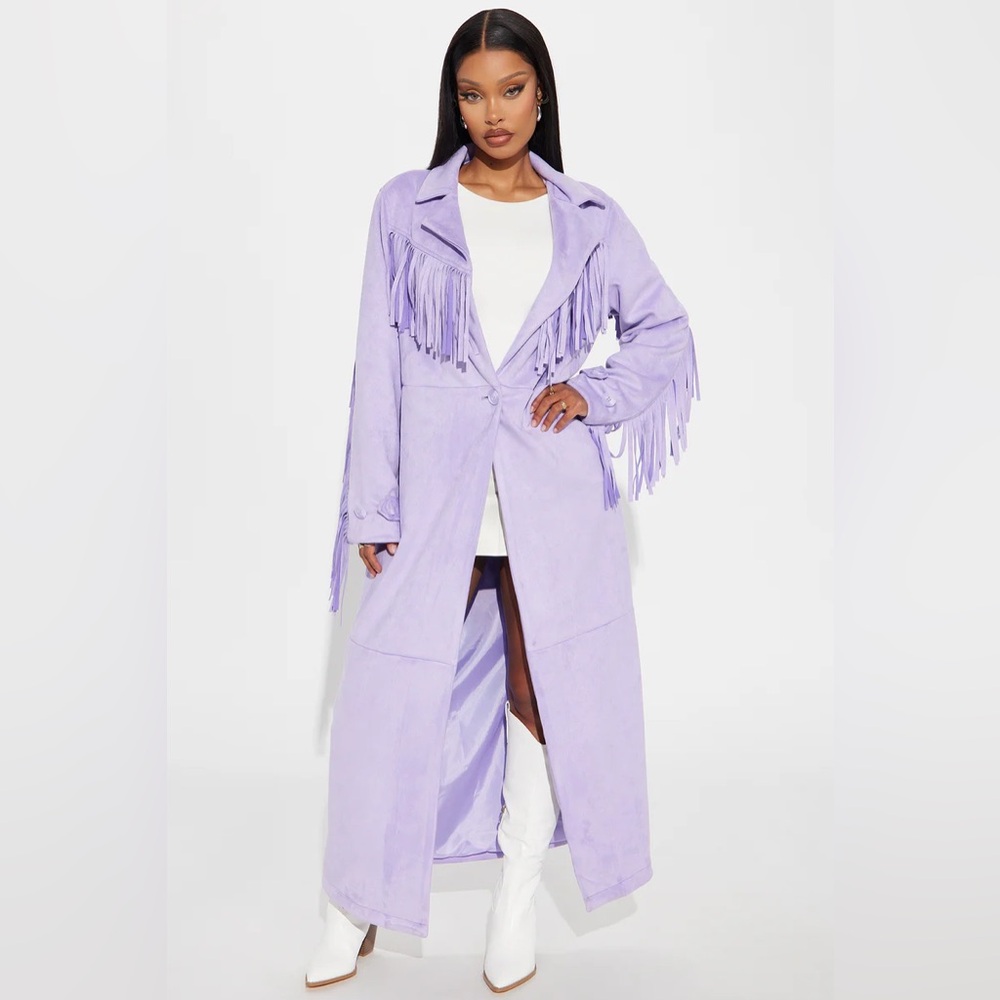 - Fatima Fringe Faux Suede Trench Lavender - Picture 1 of 7